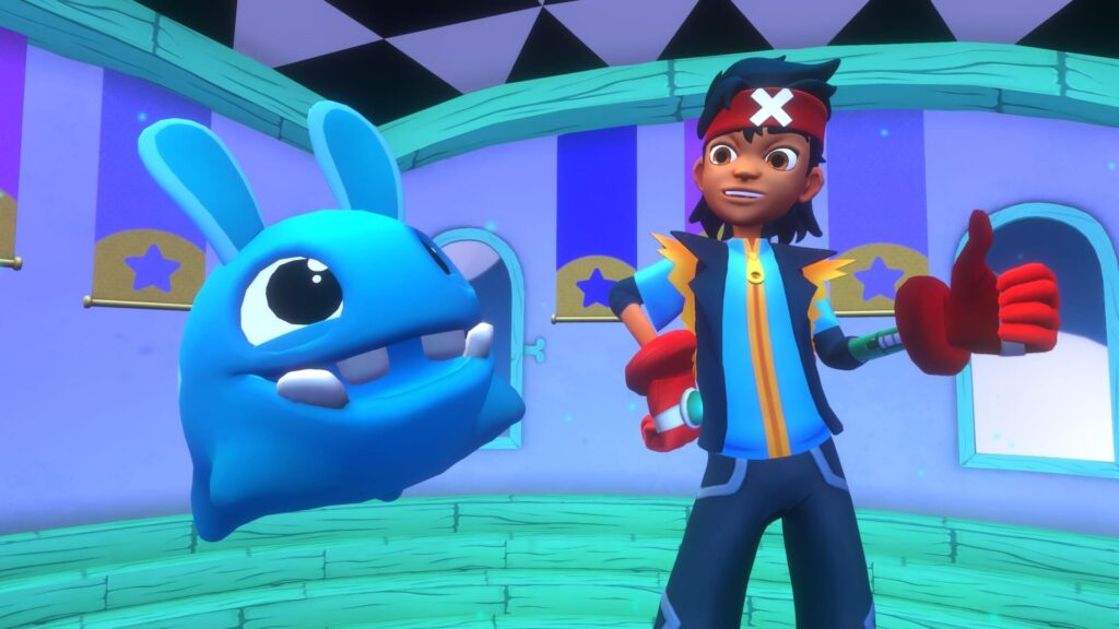 Iko e personagem em pose de vitória