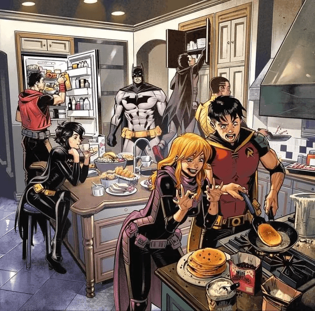 Batman, robin e outros na mansão